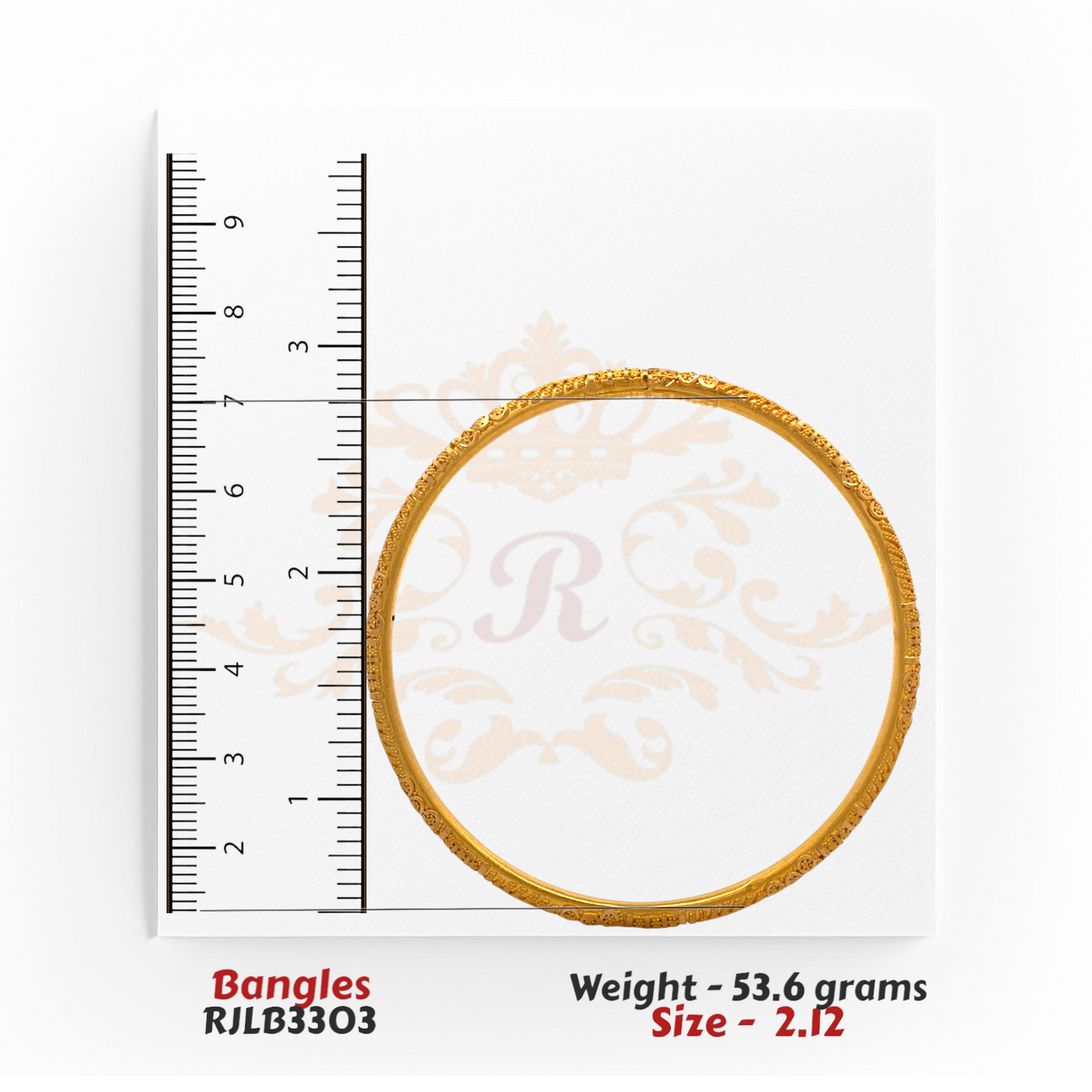 Single bangle from RJLB3303 measured against a ruler, confirming size 2.12 with a 2.12-inch inner diameter.