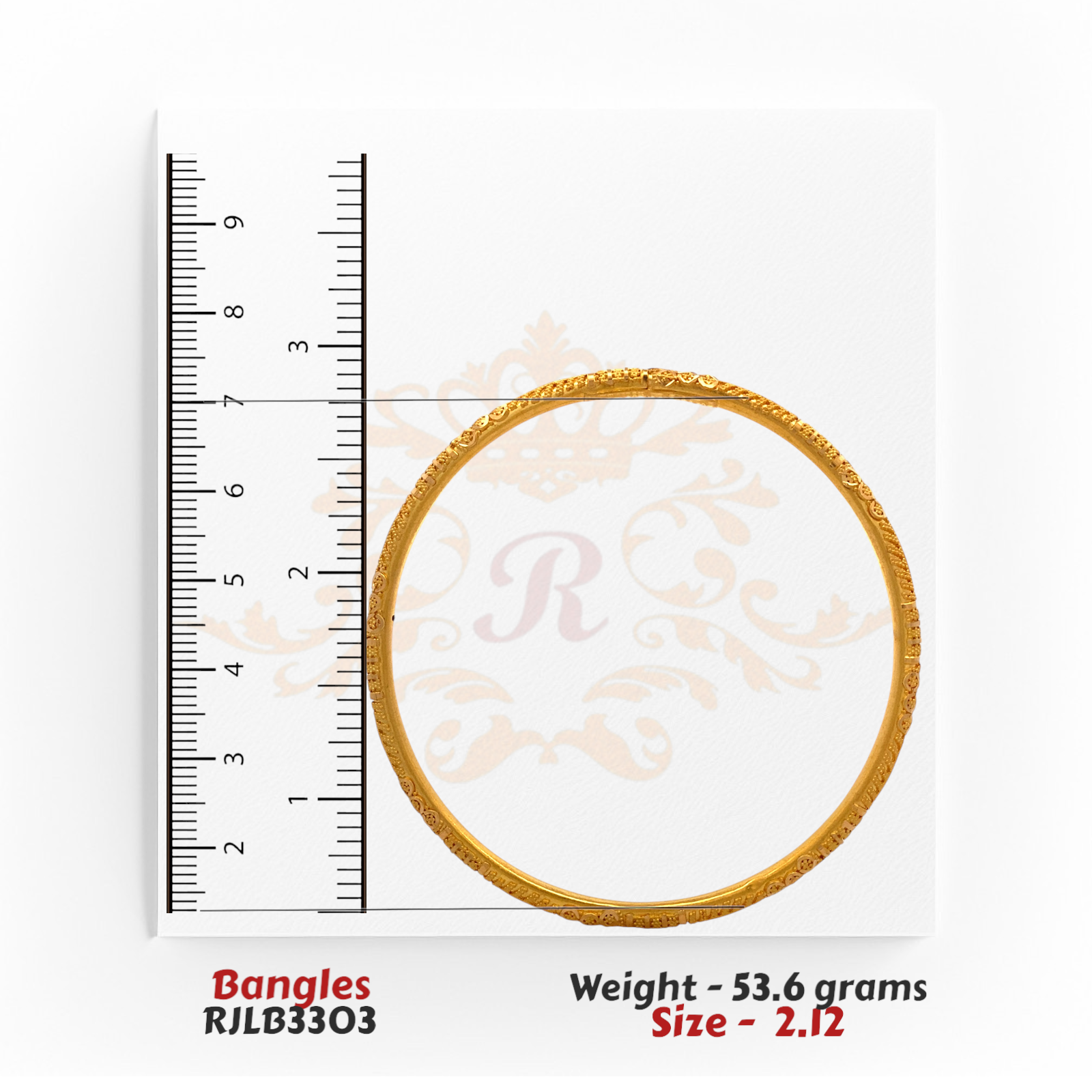 Single bangle from RJLB3303 measured against a ruler, confirming size 2.12 with a 2.12-inch inner diameter.