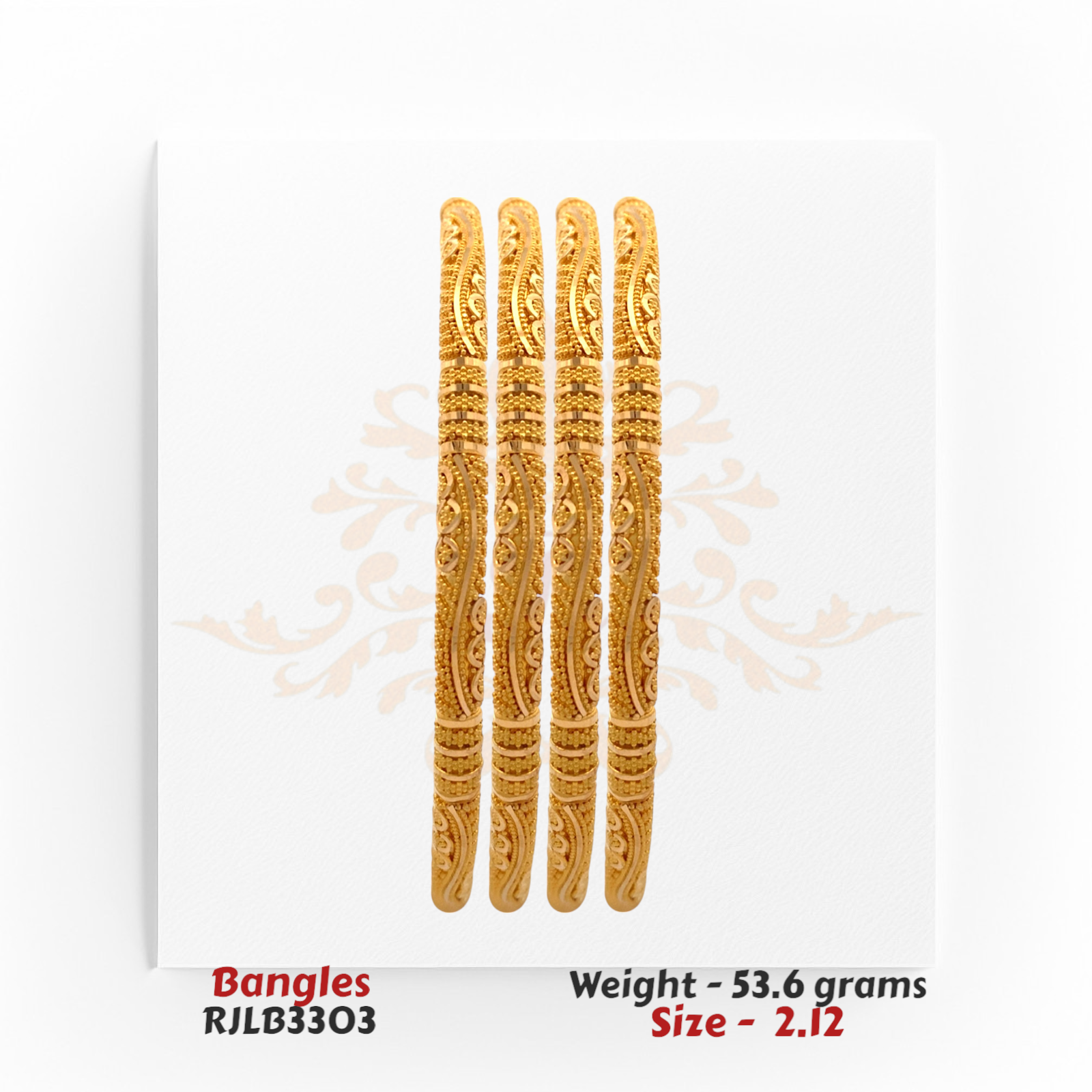 22kt gold bangle set with elegant paisley-inspired etching and fine beadwork, product code RJLB3303, weight 53.6 grams, size 2.12.
