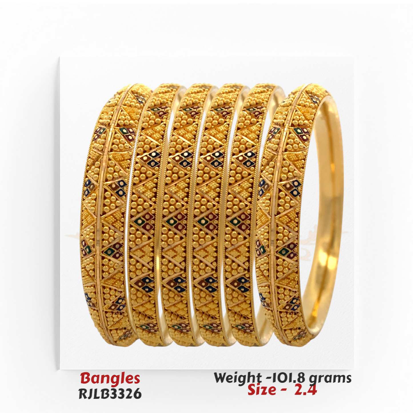 Side-angle view of RJLB3326 22kt gold bangles showing multicolored enamel detailing and raised texture design.