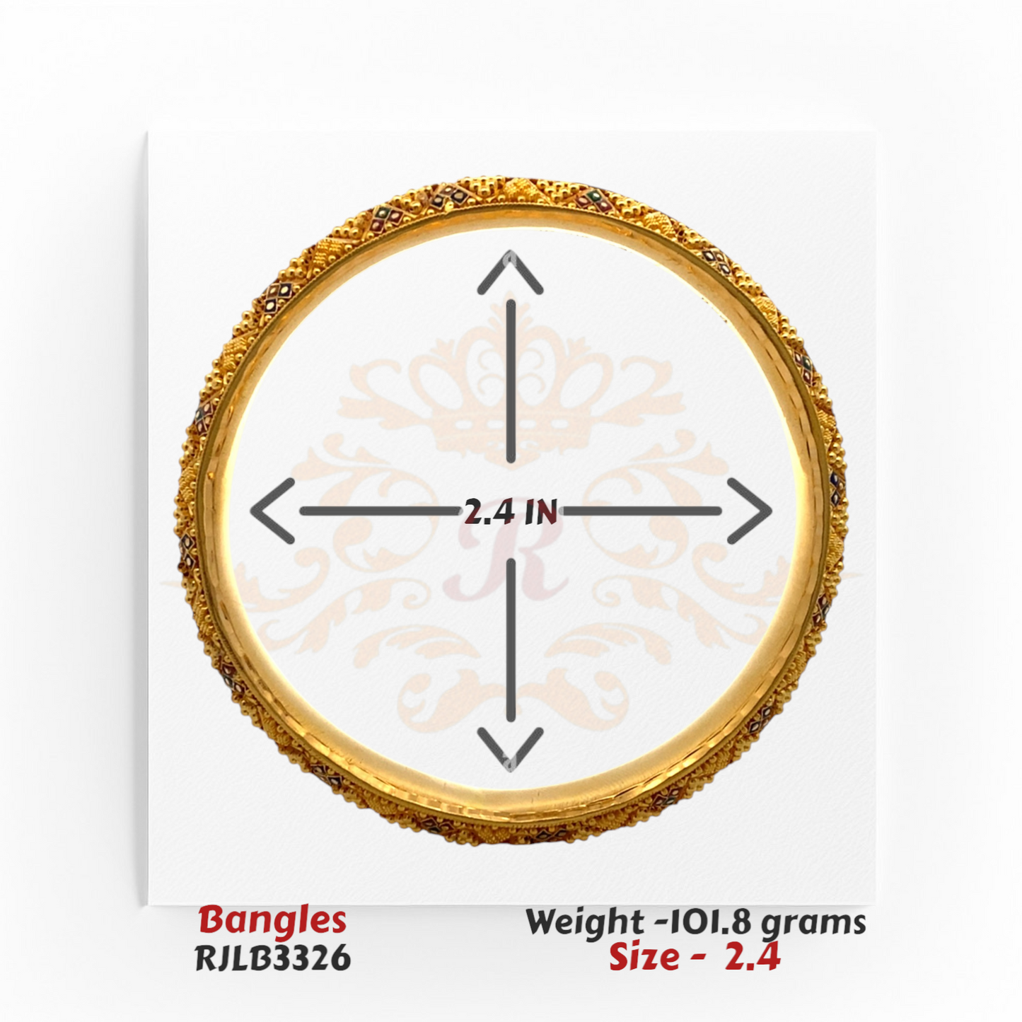 Single RJLB3326 bangle shown with directional arrows and labeled diameter of 2.4 inches.