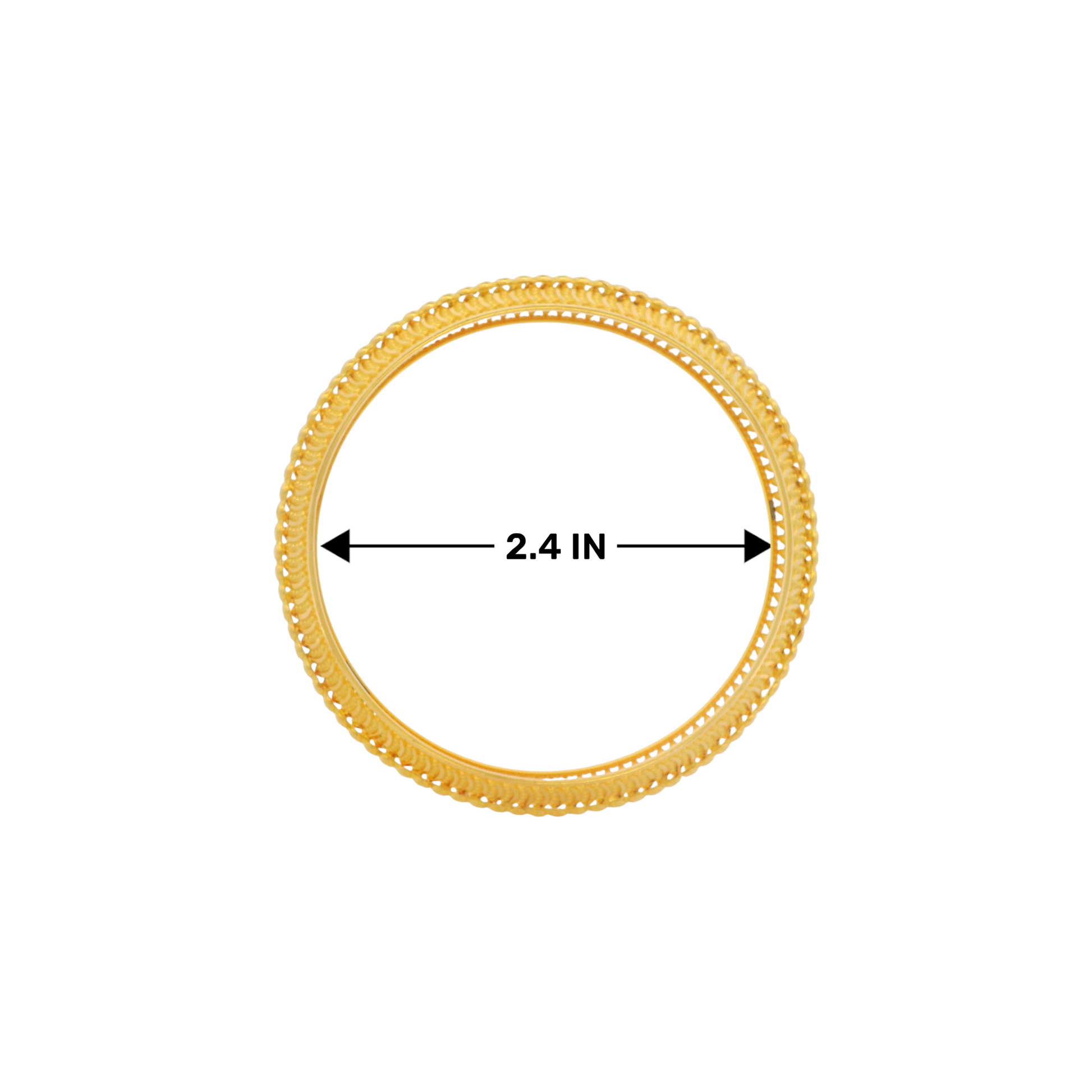 22kt Gold Ladies Bangle RJLB3347C – elegant kada with textured beadwork and lattice cut design, 2.4 inch diameter size measurement clearly shown – Regal Jewels Chicago