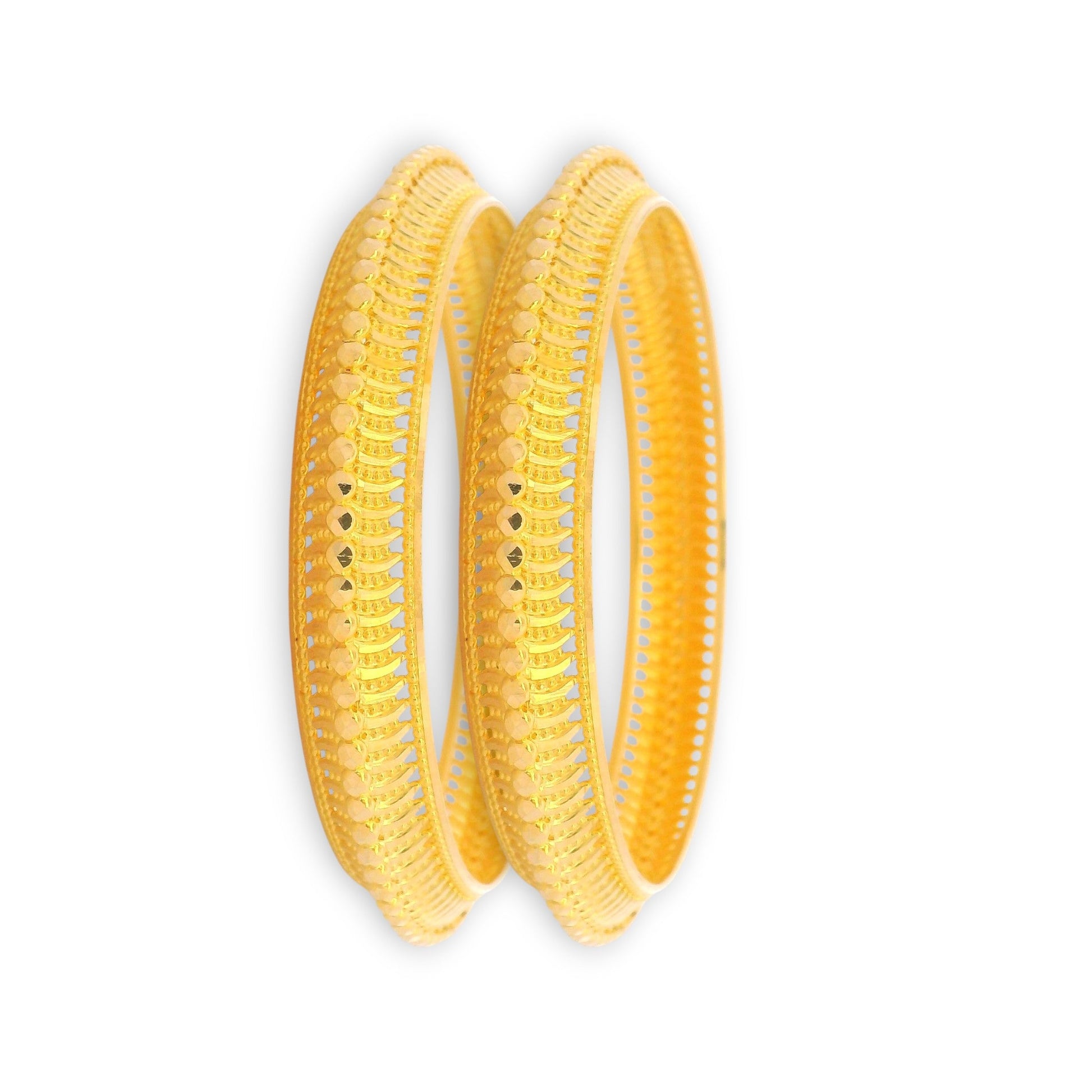 22kt Gold Ladies Bangles RJLB3347 – elegant pair of kada bangles with textured beadwork and polished cut design, angled side profile view – Regal Jewels Chicago