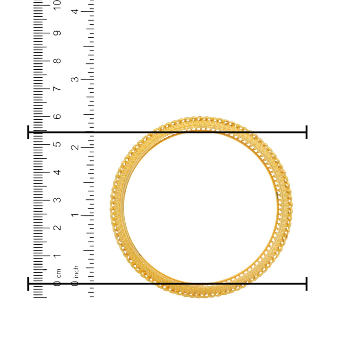 22kt Gold Ladies Bangle RJLB3347B – intricate double-layer cutwork kada with detailed lattice design, measured diameter in cm and inches for accurate sizing – Regal Jewels Chicago