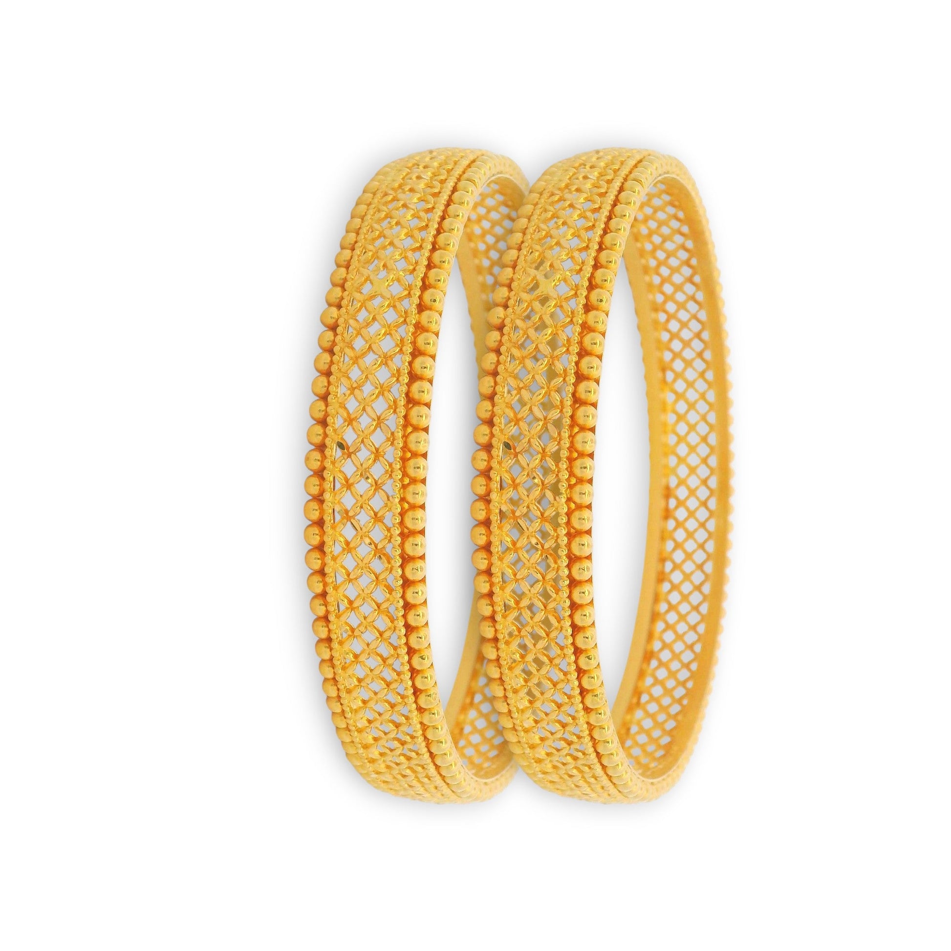 22kt Gold Ladies Bangles RJLB3356 – elegant pair of kada bangles with crisscross lattice cutwork and bead edging, angled view showcasing fine craftsmanship – Regal Jewels Chicago