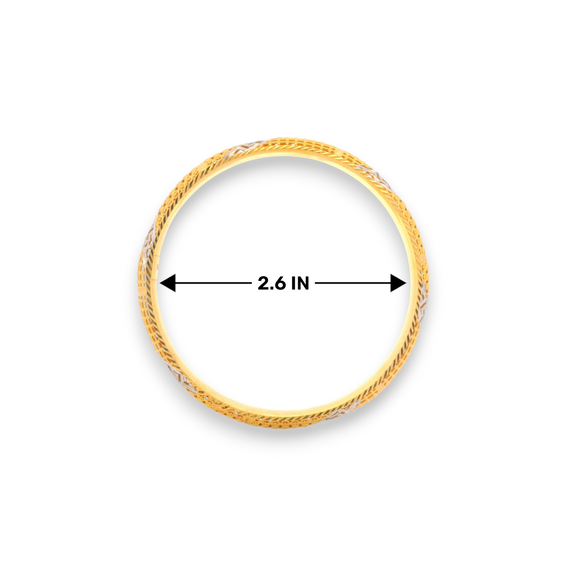 “22kt Gold Ladies Bangle RJLB3398B – Intricate filigree with silver accents, 2.6 inch – Regal Jewels Chicago”
“Traditional 22kt gold bangle RJLB3398B – Elegant textured cut design, 2.6 inch – Regal Jewels USA”
“Regal Jewels 22kt gold ladies bangle RJLB3398B – Fine handcrafted detailing with silver tone, 2.6 inch size”