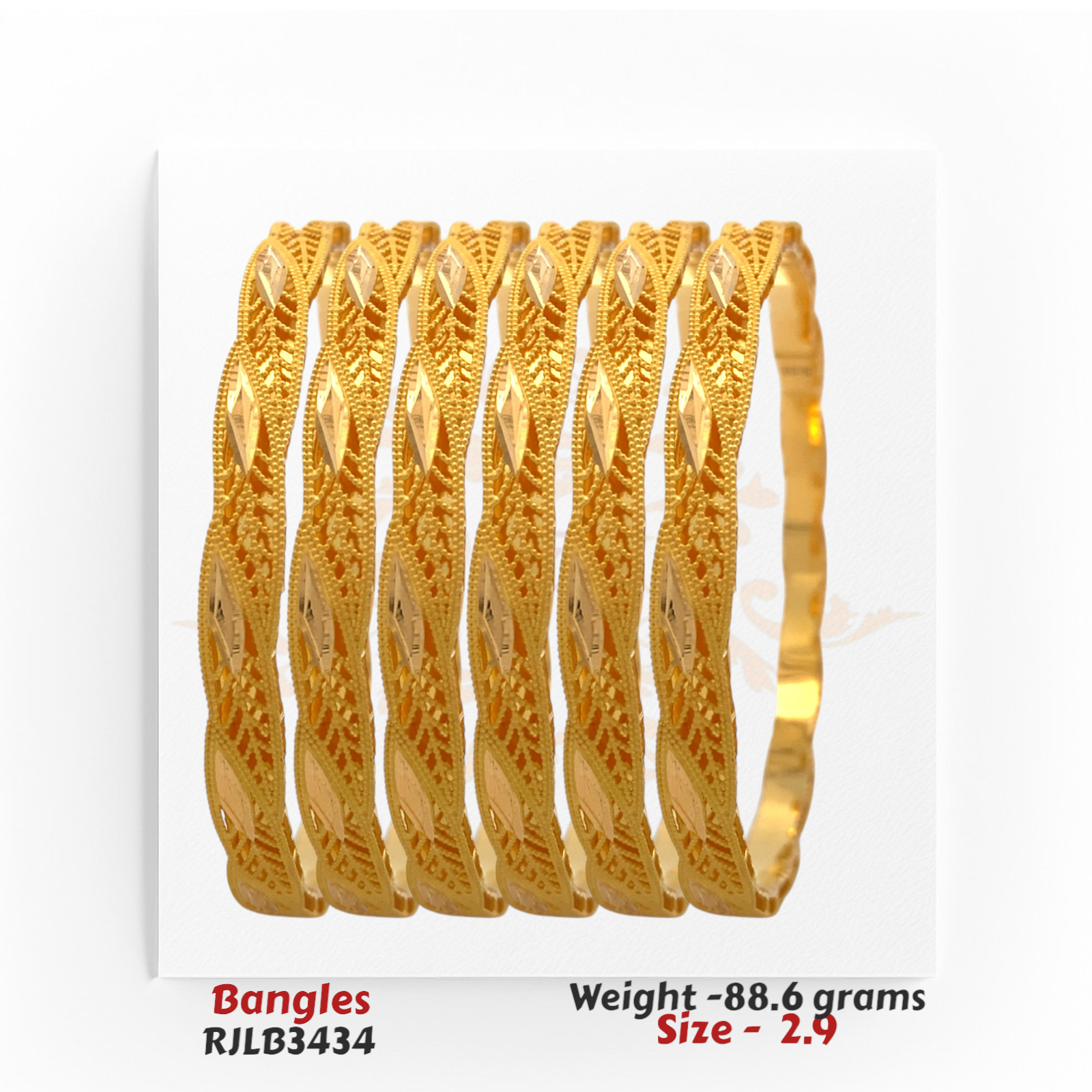 Ornate 22kt gold bangles showcasing intricate openwork patterns and alternating polished accents. Model RJLB3434, total weight 88.6 grams, size 2.9.