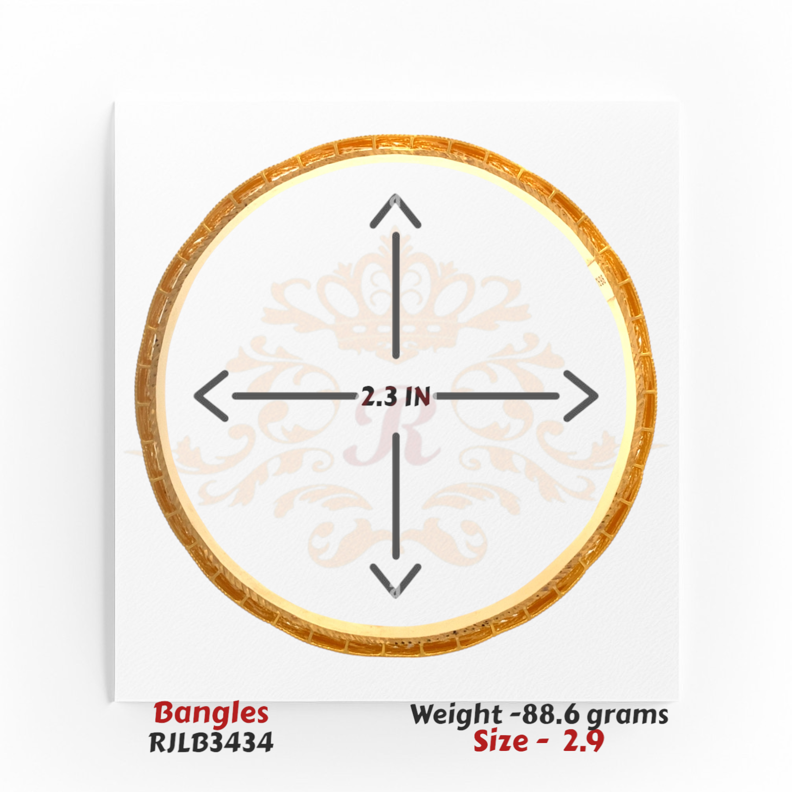 Stylish 22kt gold bangles featuring interwoven cutout motifs with a mix of matte and high-polish finishes. Model RJLB3434, weight 88.6 grams, size 2.9.