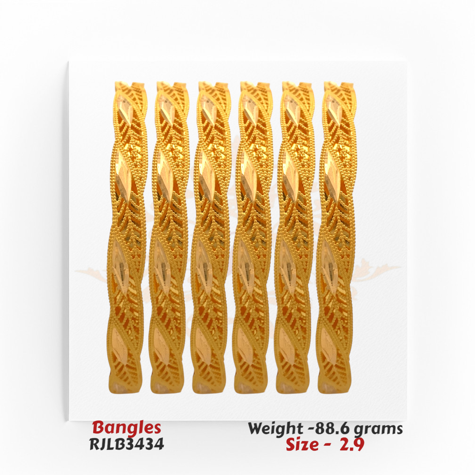 Set of six 22kt gold bangles with an elegant twisted design, featuring a blend of textured and polished details. Model RJLB3434, weight 88.6 grams, size 2.9.