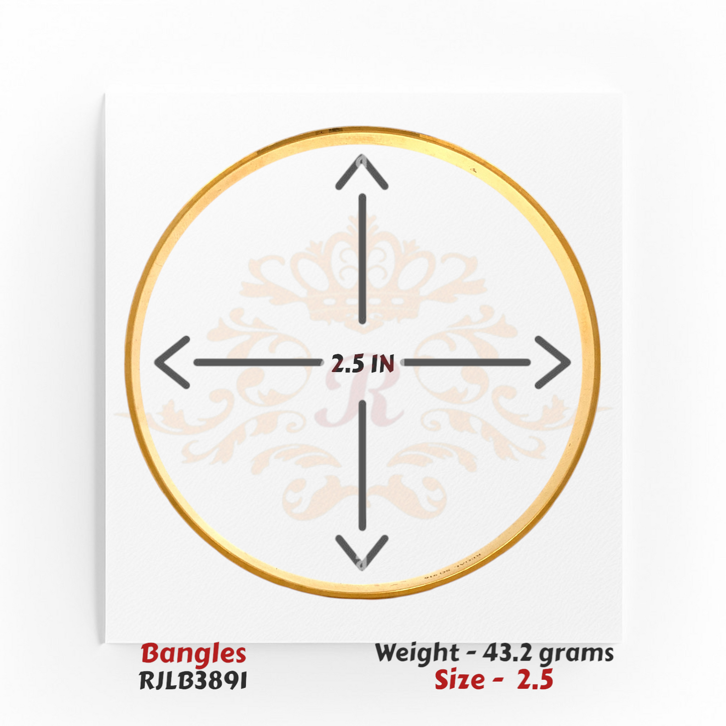 Single RJLB3891 bangle shown with labeled directional arrows indicating a 2.5-inch inner diameter.