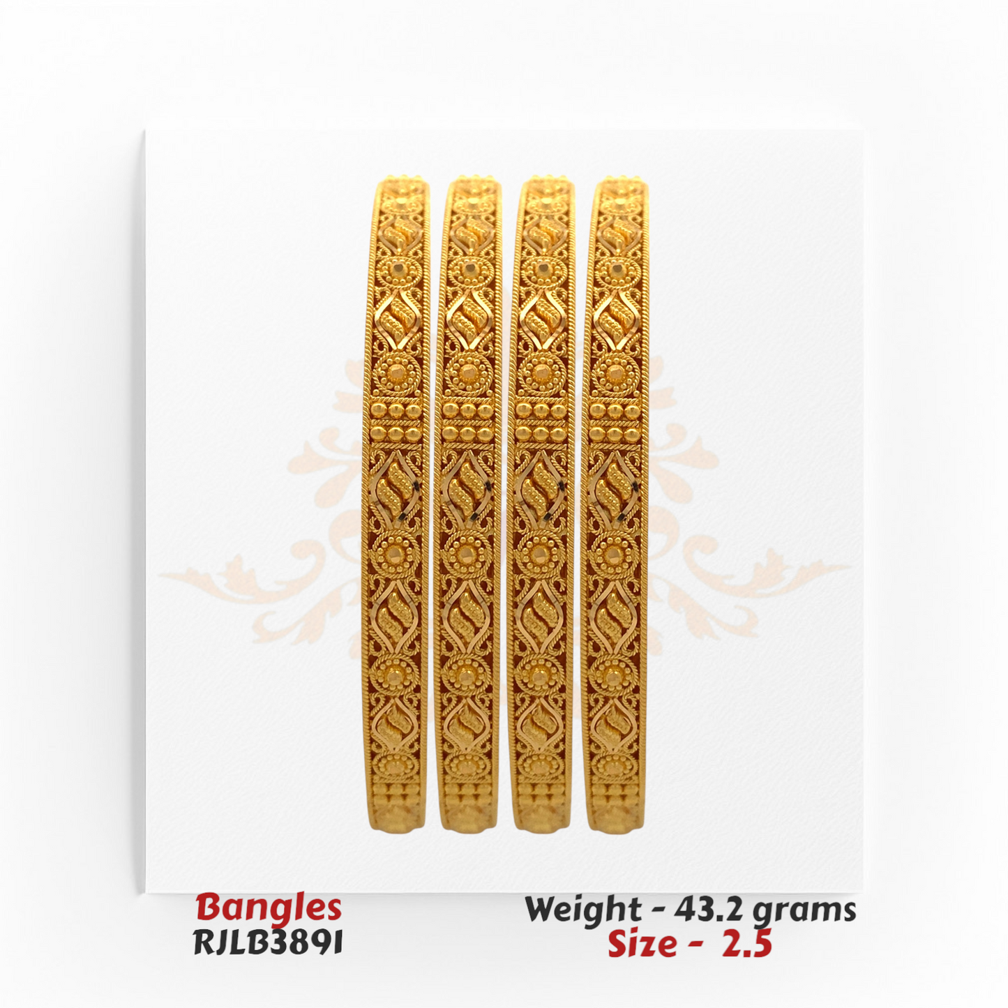 22kt gold bangle set featuring traditional floral and swirl motifs with intricate etching, product code RJLB3891, weight 43.2 grams, size 2.5.