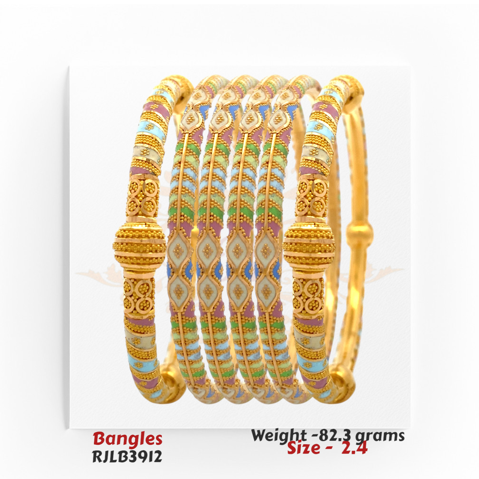Set of 22kt gold bangles with ornate embossed detailing and intricate cutout motifs. Product code RJLB3434, size 2.9, weight 88.6 grams.