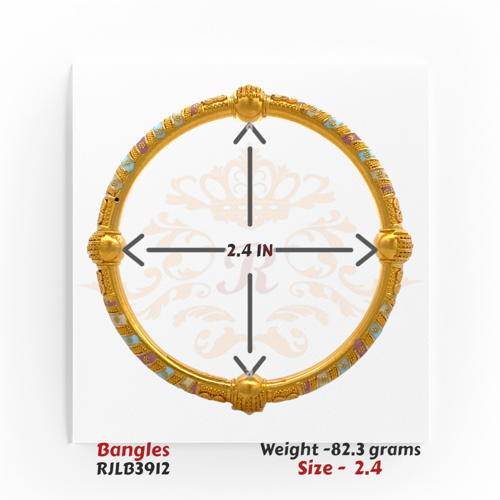 Close-up view of a single bangle from set RJLB3434 showing 2.3-inch internal diameter with directional arrows for size reference.