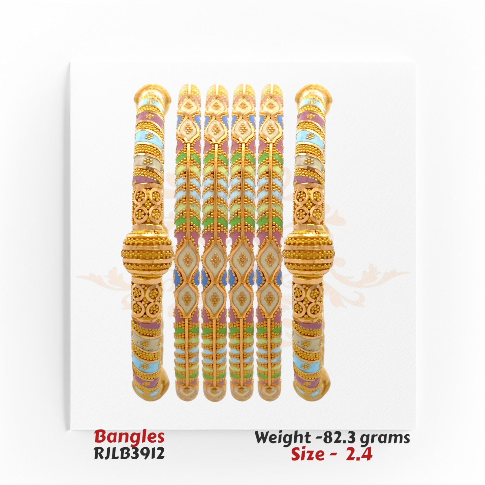 Elegant 22kt gold bangle set featuring detailed embossed patterns and delicate cutwork design. Model RJLB3434, size 2.9, total weight 88.6 grams.