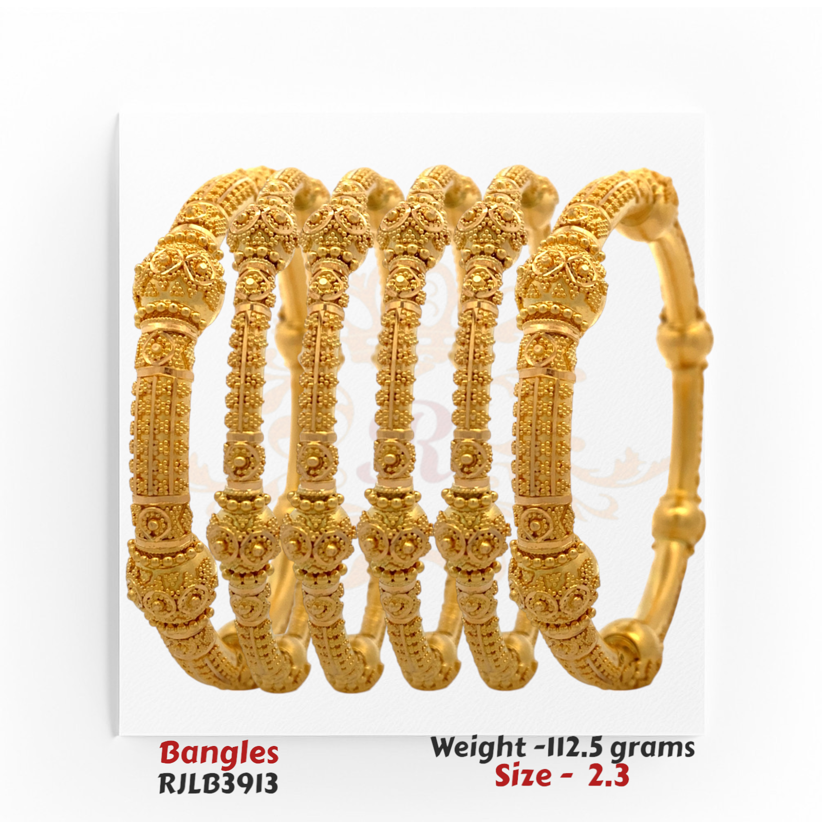 Side-angle view of RJLB3913 22kt gold bangles showing elevated texture, embossed domes, and traditional design curvature.