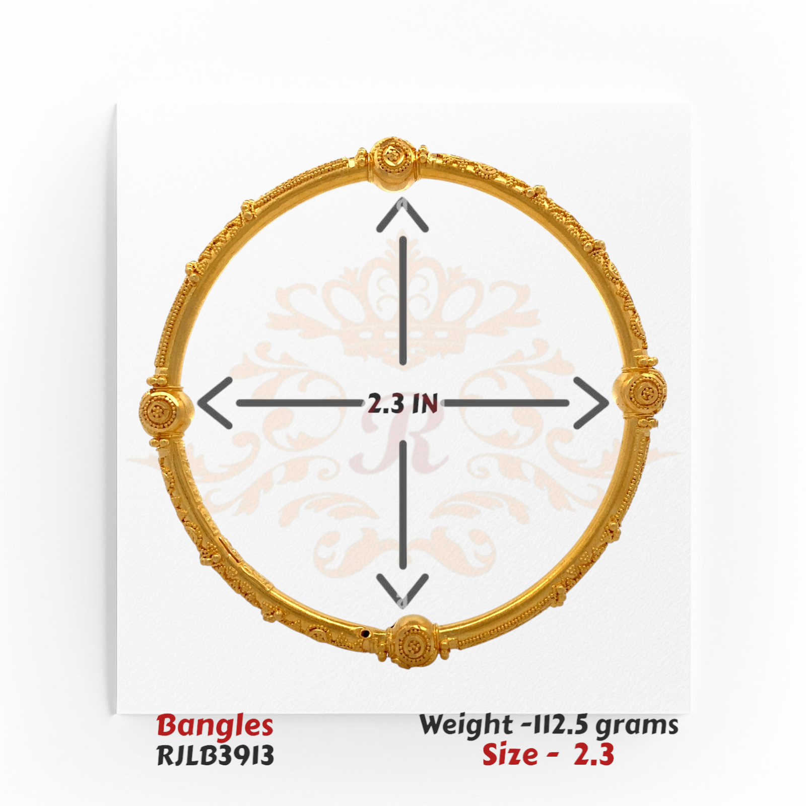 Single RJLB3913 bangle shown with directional arrows and labeled diameter of 2.3 inches.