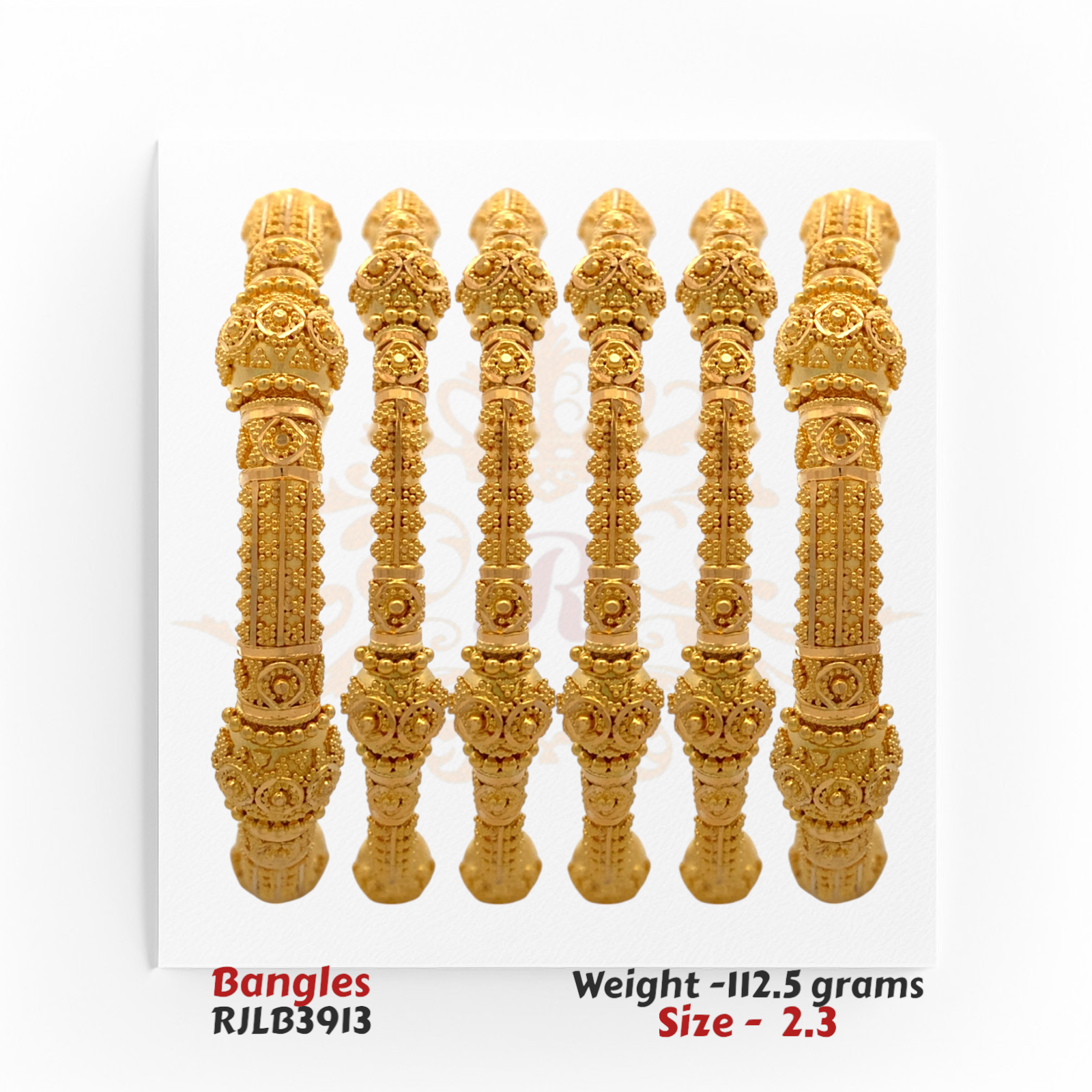 22kt gold bangle set with intricate temple-style craftsmanship and granulated detailing, product code RJLB3913, weight 112.5 grams, size 2.3.