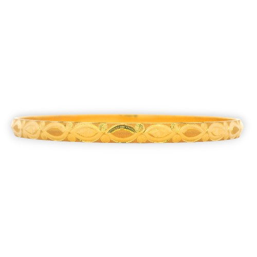 22kt Gold Ladies Bangle RJLB4020A – classic kada with engraved oval motifs and polished textured detailing, side profile view – Regal Jewels Chicago