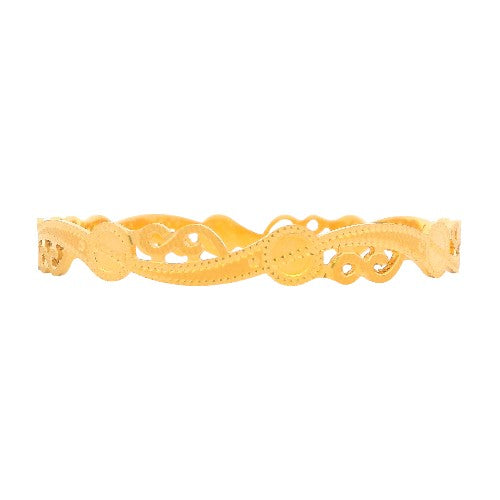 22kt Gold Ladies Bangle RJLB4022A – designer kada with open cutwork wave pattern and engraved circular accents, side profile view – Regal Jewels Chicago