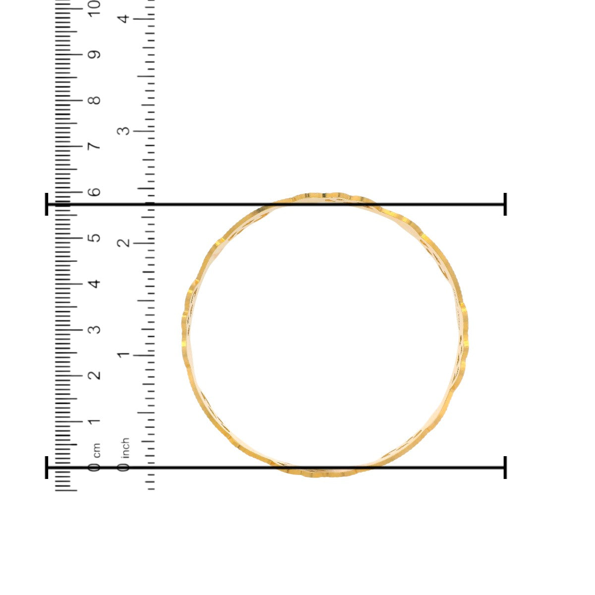 22kt Gold Ladies Bangle RJLB4022B – elegant lightweight kada with hammered textured design, diameter size measurement shown using ruler in cm and inches – Regal Jewels Chicago”