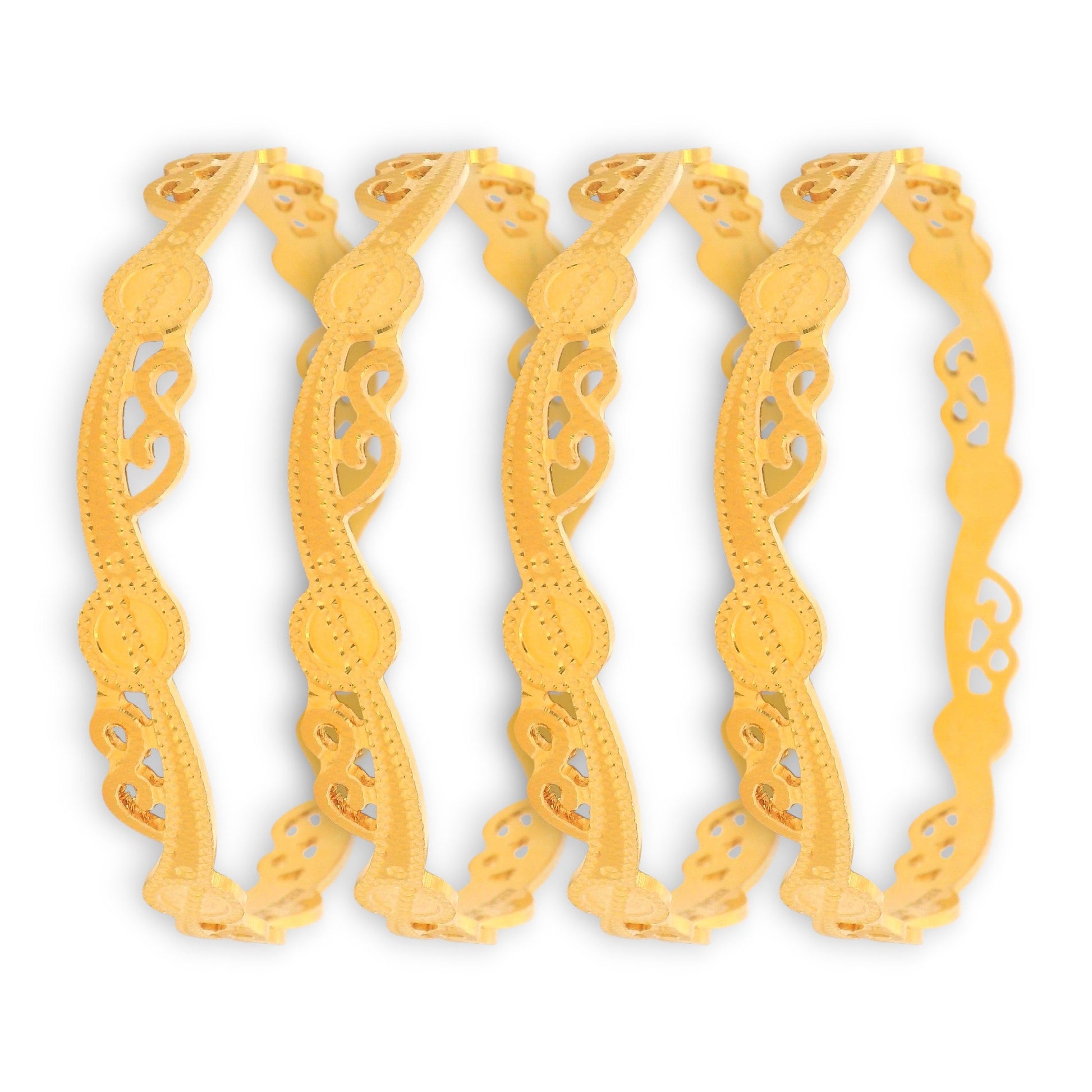 22kt Gold Ladies Bangles RJLB4022 – Designer swirl cutwork with circular accents, elegant traditional 4-piece gold bangle set for women – Regal Jewels Chicago