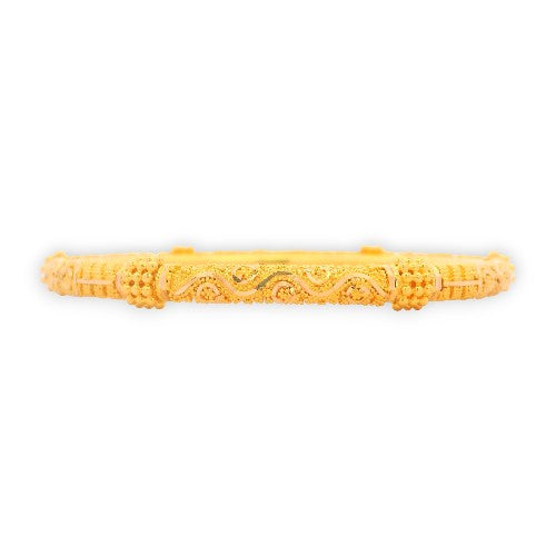 22kt Gold Ladies Bangle RJLB4025A – traditional kada with intricate engraved swirl motifs and embossed detailing, side profile view showcasing fine craftsmanship – Regal Jewels Chicago