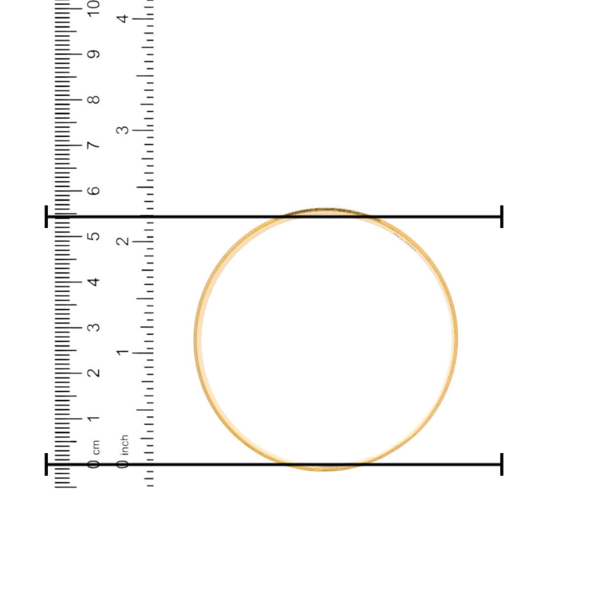 22kt Gold Ladies Bangle RJLB4028B – slim polished kada with plain finish, diameter size measurement shown using ruler in cm and inches – Regal Jewels Chicago