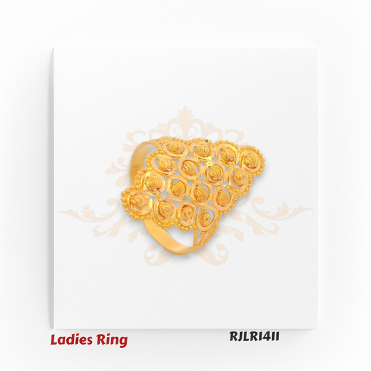 Long marquise-shaped gold ladies ring with spiral floral filigree and beaded edges for a striking statement style. RJLR1411