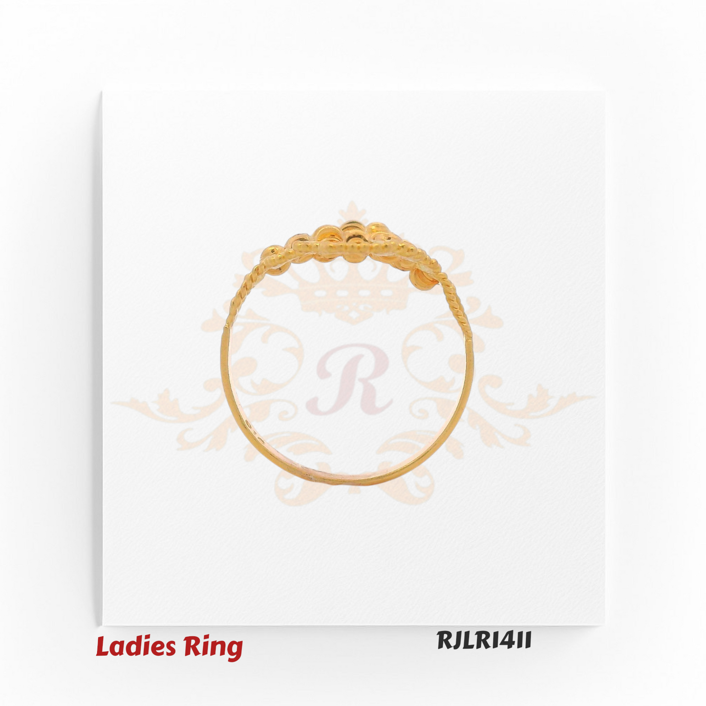 Long marquise-shaped gold ladies ring with spiral floral filigree and beaded edges for a striking statement style. RJLR1411