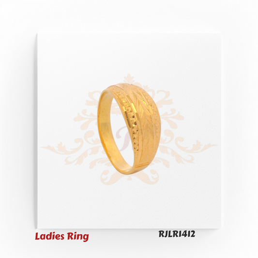 Smooth wide-band gold ladies ring with fine engraved patterns and a subtle polished finish for minimalist elegance. RJLR1412
