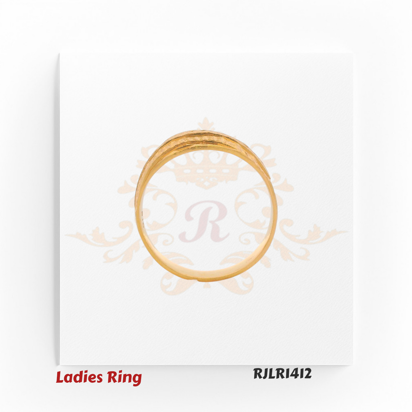Smooth wide-band gold ladies ring with fine engraved patterns and a subtle polished finish for minimalist elegance. RJLR1412