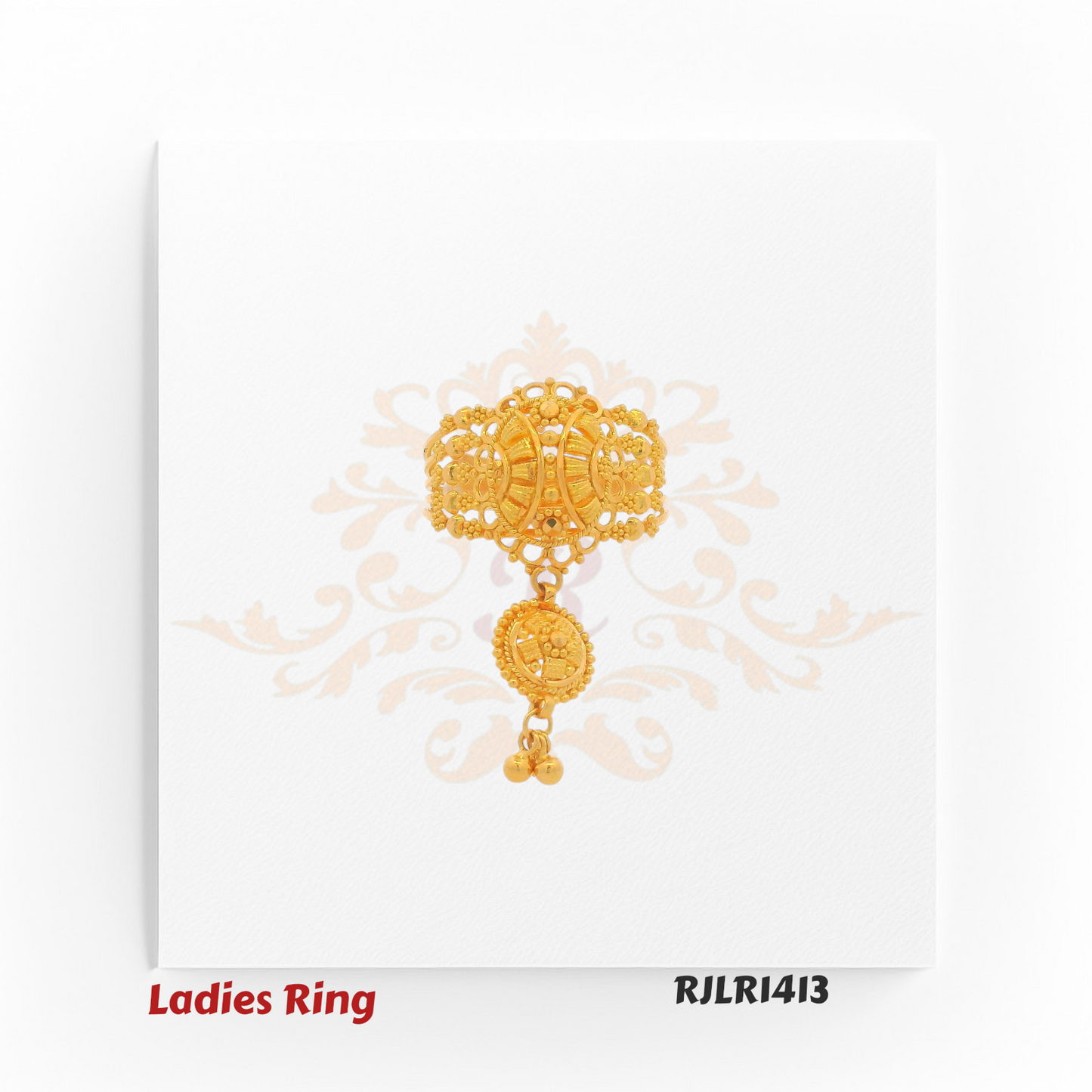 Elaborate gold ladies ring with layered filigree, intricate beadwork, and an extended dangling charm for a statement ethnic piece. RJLR1413