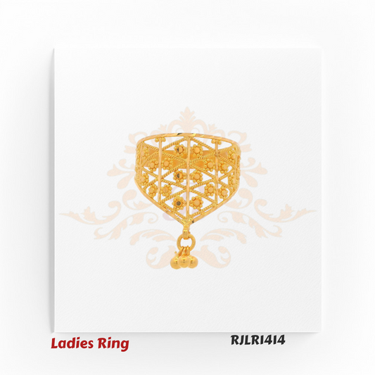 Wide hexagonal gold ladies ring with lattice filigree and bead accents, finished with dangling charms for added movement. RJLR1414