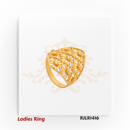 Diamond-shaped gold ladies ring with crisscross latticework adorned by small floral motifs for a balanced and elegant look. RJLR1416