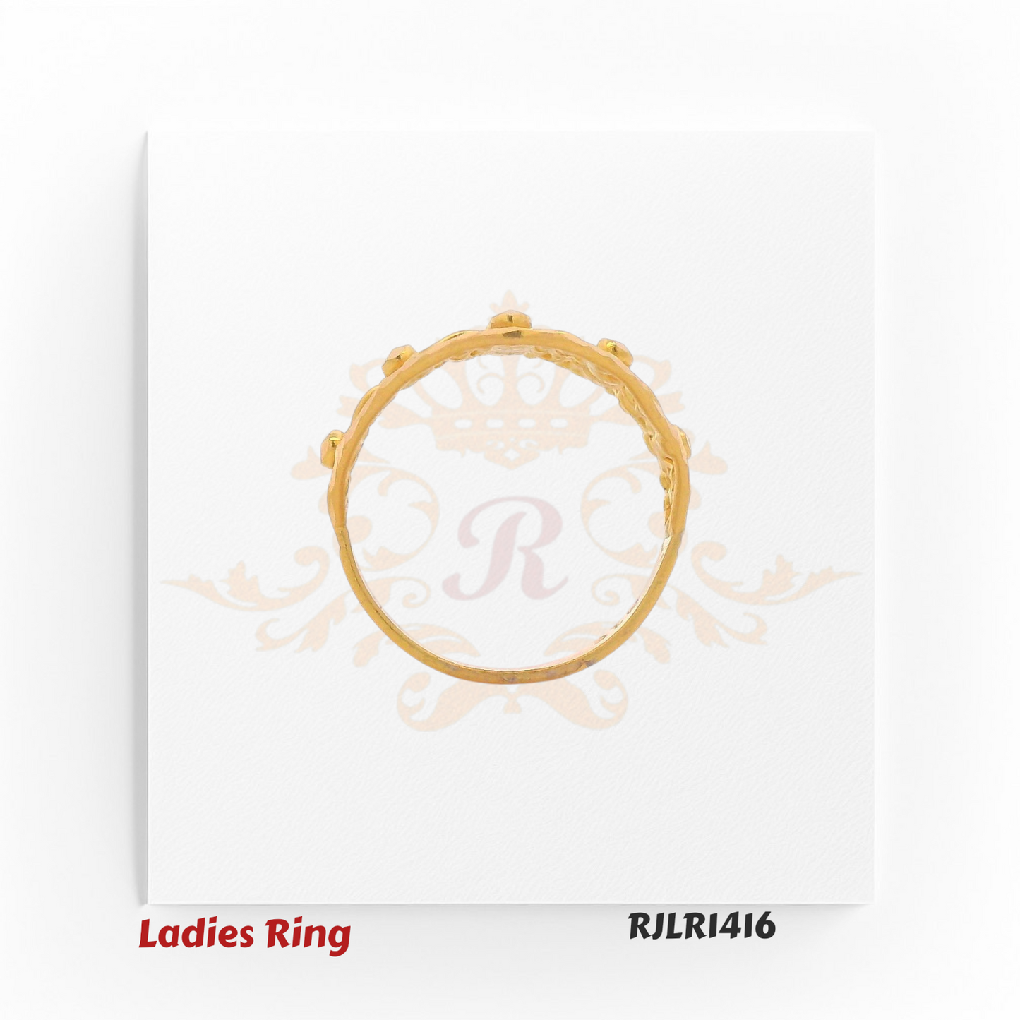 Diamond-shaped gold ladies ring with crisscross latticework adorned by small floral motifs for a balanced and elegant look. RJLR1416