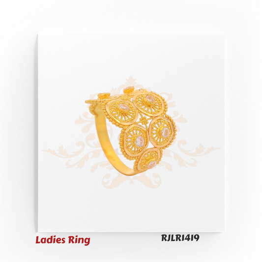 Wide gold ladies ring adorned with circular filigree frames and sparkling stone centers, combining luxury and tradition. RJLR1419