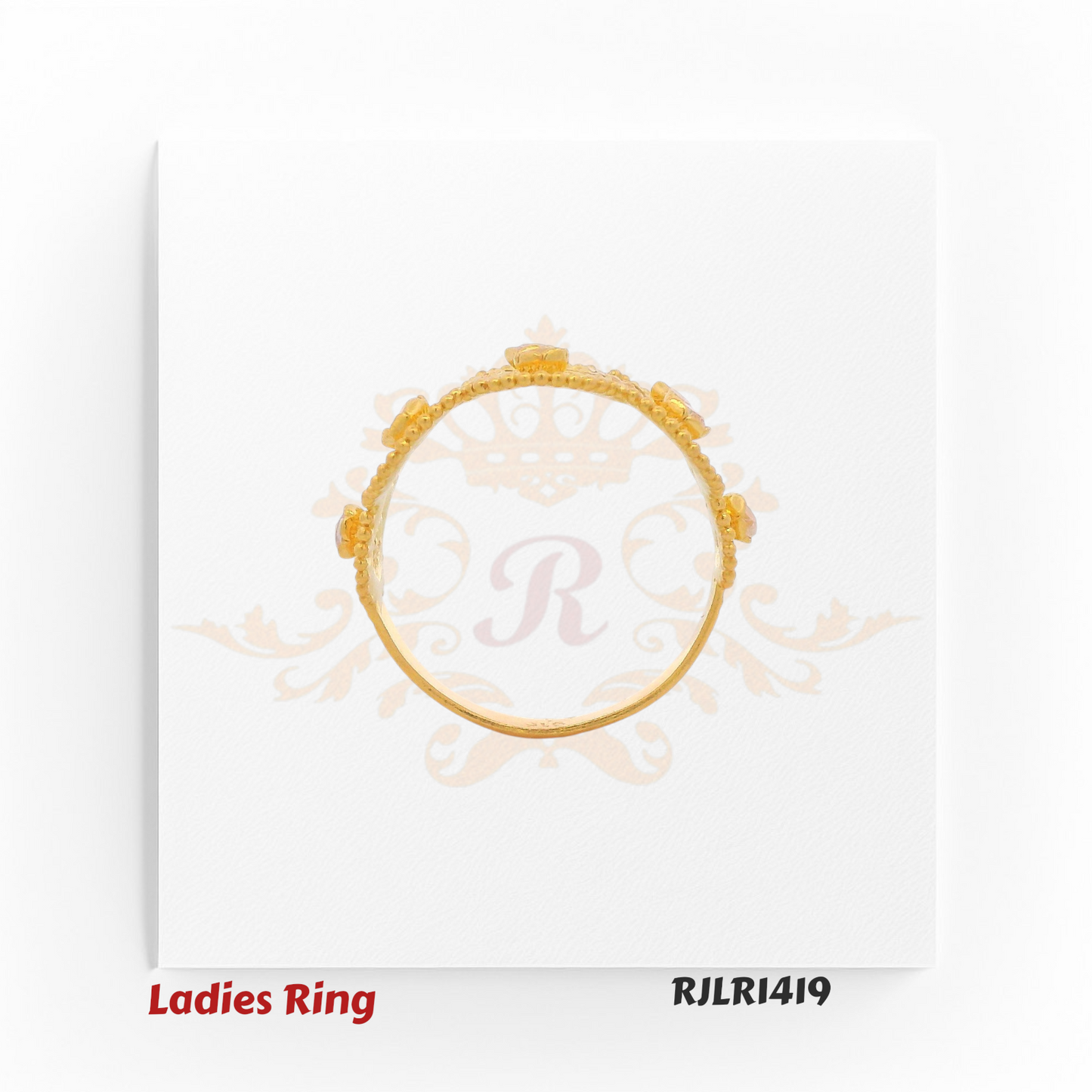 Wide gold ladies ring adorned with circular filigree frames and sparkling stone centers, combining luxury and tradition. RJLR1419