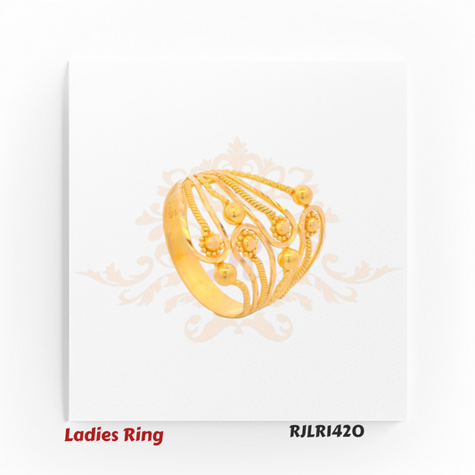 Artistic gold ladies ring with flowing curves, bead details, and textured bands, embodying elegance and fluidity. RJLR1420