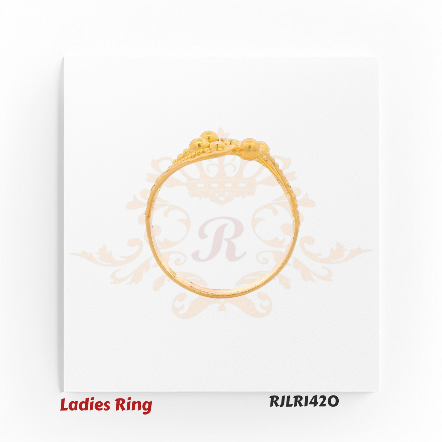 Artistic gold ladies ring with flowing curves, bead details, and textured bands, embodying elegance and fluidity. RJLR1420