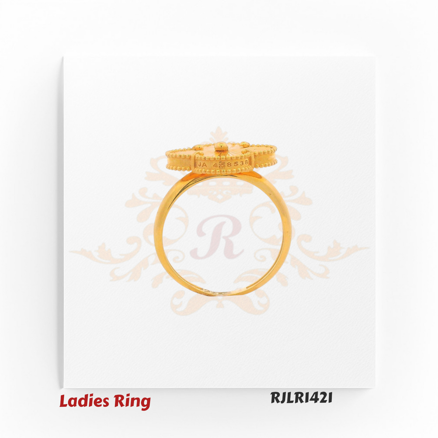 Four-petal clover-inspired gold ladies ring with a radiant grooved surface and delicate beaded outline for a refined look. RJLR1421