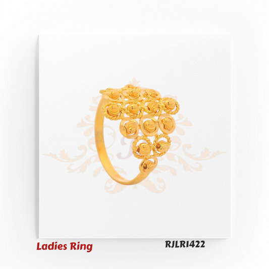 Bold floral cluster gold ladies ring with layered rope-textured petals and dimensional design for a striking appearance. RJLR1422