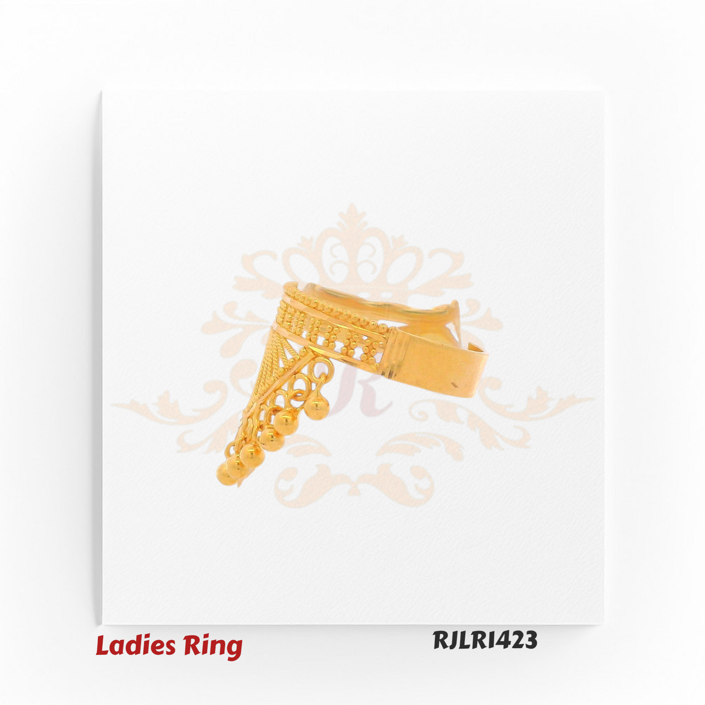 Unique fan-shaped gold ladies ring with dangling bead charms and intricate wirework, creating a dramatic ethnic look. RJLR1423