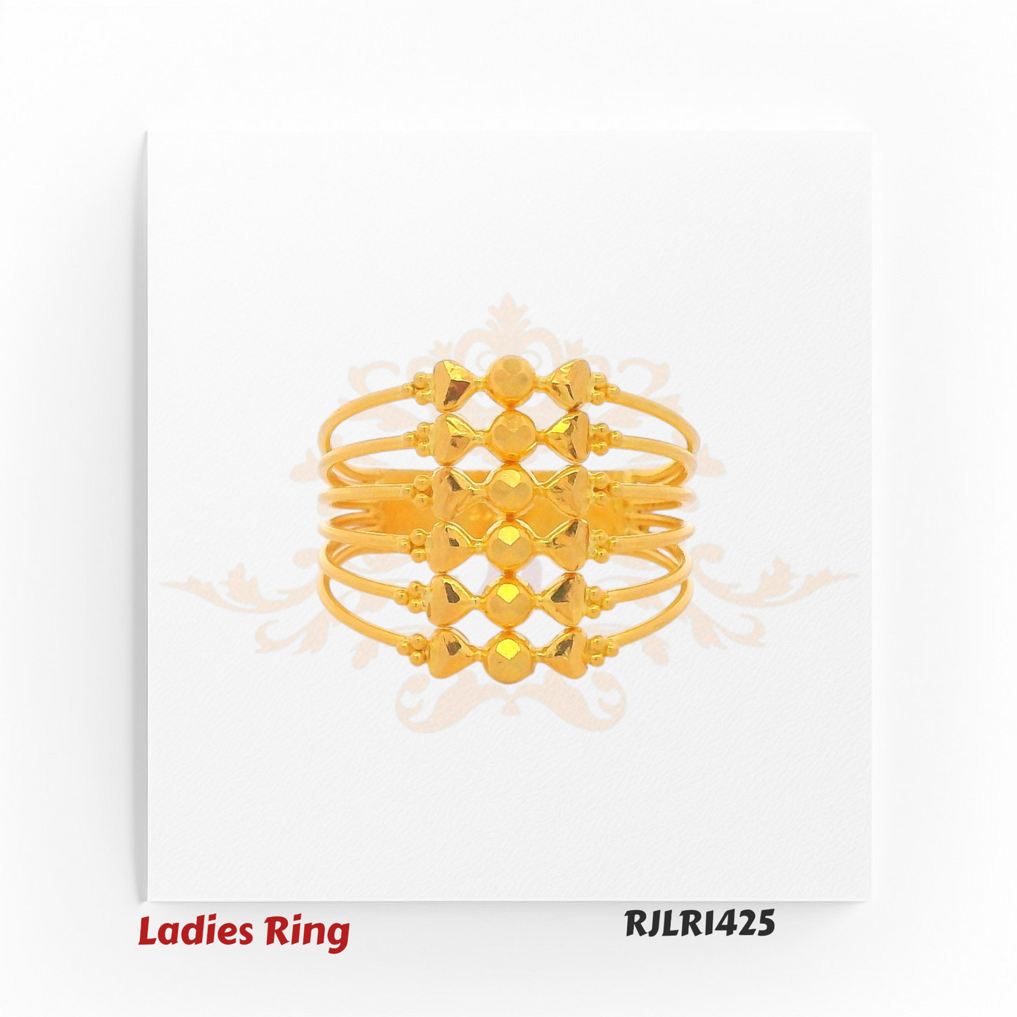 Angled view of a stylish gold ladies ring showcasing multiple slender bands arranged in parallel, each adorned with small geometric motifs and polished bead accents for a structured yet elegant design. Model RJLR1425.