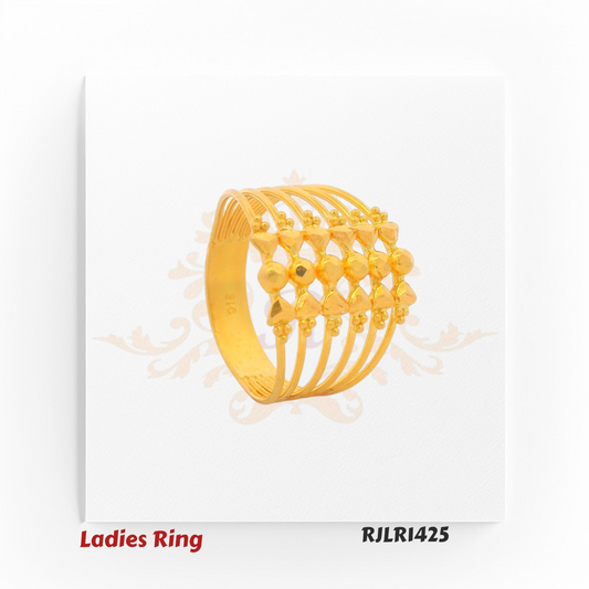 Side profile view of a contemporary gold ladies ring emphasizing its layered band arrangement, precise geometric detailing, and symmetrical bead placement for a balanced aesthetic. Model RJLR1425.