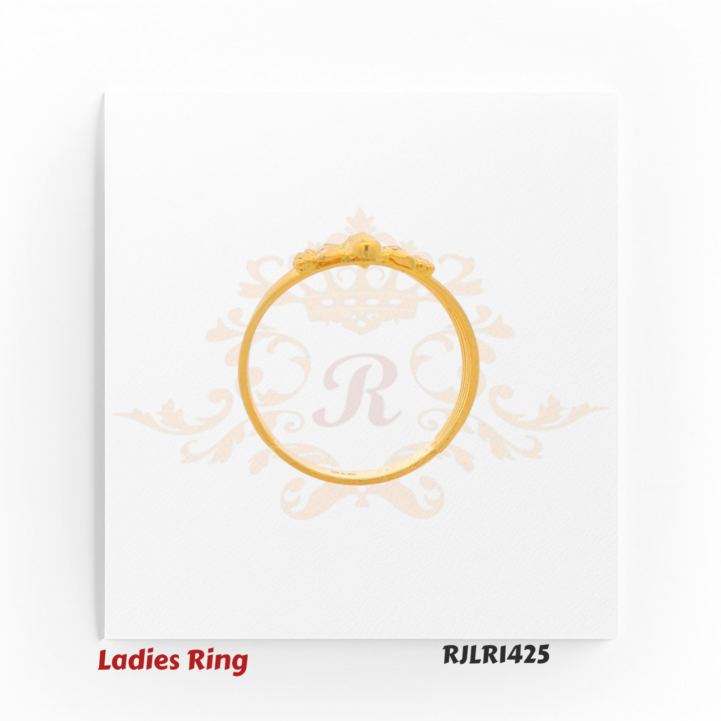 Top-down view of a chic gold ladies ring highlighting the uniform alignment of its multiple bands, intricate geometric patterns, and polished bead embellishments for a refined finish. Model RJLR1425.