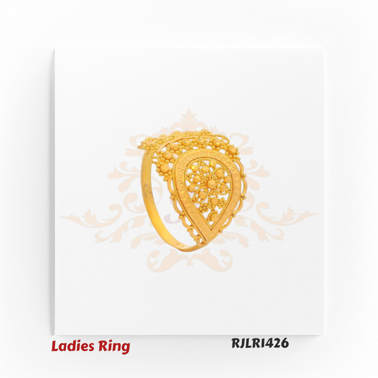 Side profile view of a graceful gold ladies ring featuring a raised teardrop motif, openwork detailing, and finely arranged floral patterns for a refined look. Model RJLR1426.