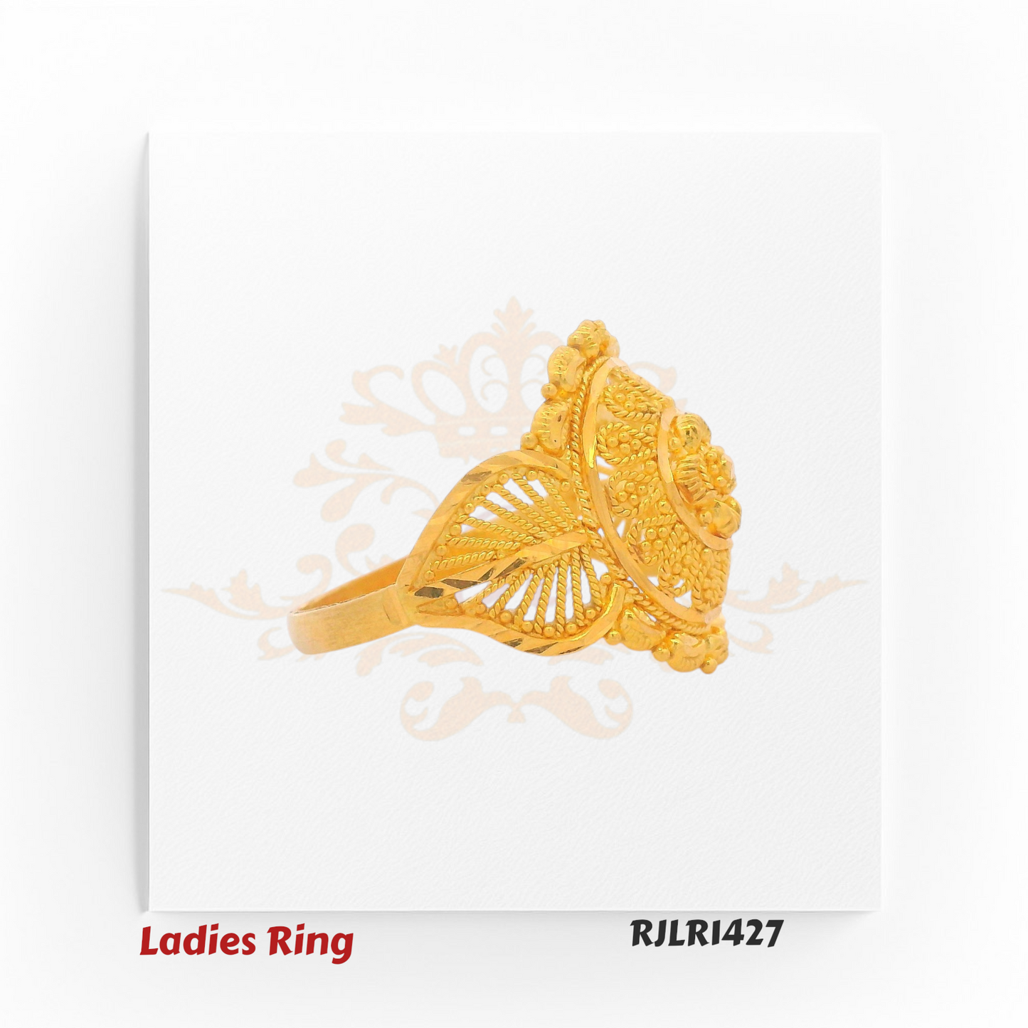 Elegant side profile of a finely crafted gold ladies ring featuring intricate open filigree, graceful leaf-inspired curves, and a prominent central motif that enhances its refined beauty. Model RJLR1427