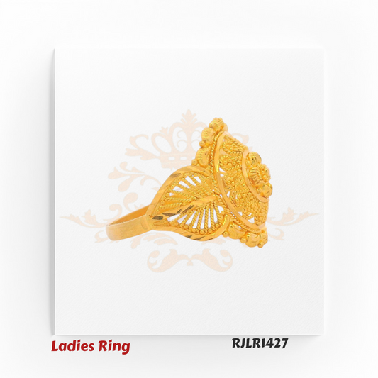 Elegant side profile of a finely crafted gold ladies ring featuring intricate open filigree, graceful leaf-inspired curves, and a prominent central motif that enhances its refined beauty. Model RJLR1427