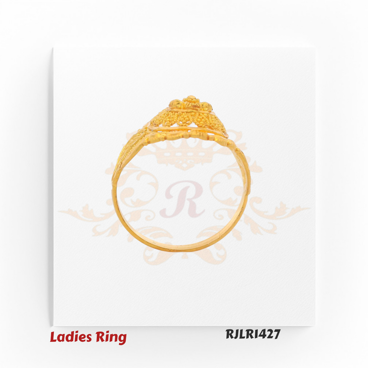 Top-down view of a stunning gold ladies ring highlighting the symmetrical floral arrangement, surrounding textures, and intricate detailing that create a timeless design. Model RJLR1427.