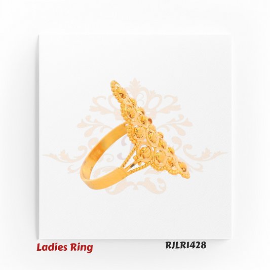 Side profile view of a statement gold ladies ring highlighting its elevated, tapered design with openwork craftsmanship and delicately curved side supports. Model RJLR1428.